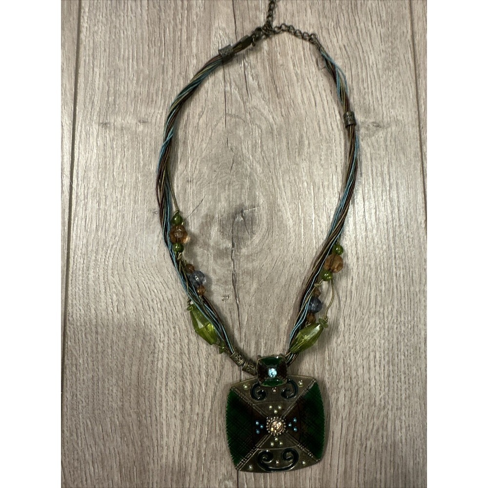 Womens Pendant Necklace Statement Gift Green Gold Beaded Corded